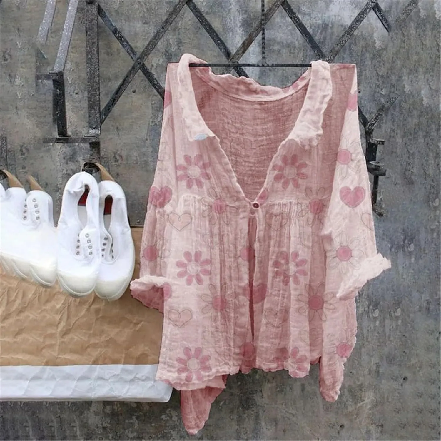 Boho Blouses for Women Linen 3/4 Sleeve Casual V Neck Button Up Flowy Babydoll Peasant Tops Boxy Collared Shirts