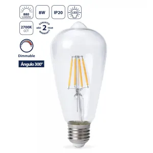 Bombillo Filamento LED ST64 8W 2700K Luz Cálida - Estilo Retro/Vintage, Rosca Gruesa E27, 880Lm, Regulable. Foco