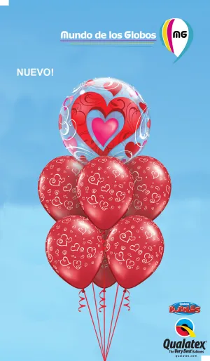 BOUQUET DE CORAZON BUBBLE CON GLOBOS ROJOS ESTAMPADOS