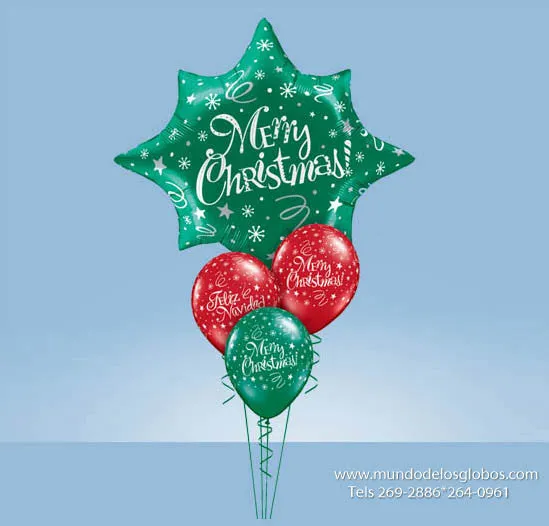 Bouquet de Estrella Gigante Merry Christmas y Globos Feliz Navidad Rojos y Verdes