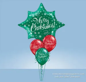 Bouquet de Estrella Gigante Merry Christmas y Globos Feliz Navidad Rojos y Verdes