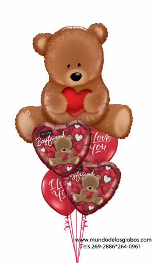 Bouquet de Oso Gigante Chocolate con Corazones con Ositos To My Boyfriend y Globos Rojos I Love You