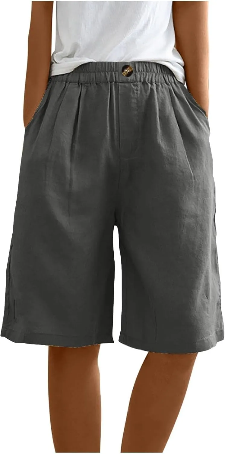 Capri Pants for Women Summer Cotton Linen Capris Wide Leg Cropped Trouser Drawstring Elastic High Waist Pants