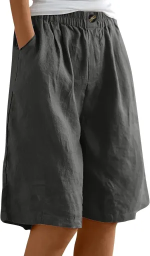 Capri Pants for Women Summer Cotton Linen Capris Wide Leg Cropped Trouser Drawstring Elastic High Waist Pants