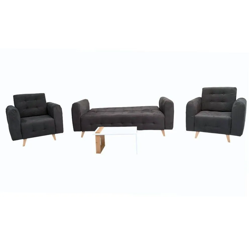 Combo Sofa Cama Da Vinci En Tela Gris Oscuro   3 Cojines Decorativos   2 Poltronas Da Vinci En Tela Gris Oscuro   Mesa Centro River