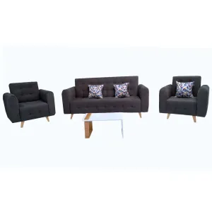Combo Sofa Cama Da Vinci En Tela Gris Oscuro   3 Cojines Decorativos   2 Poltronas Da Vinci En Tela Gris Oscuro   Mesa Centro River