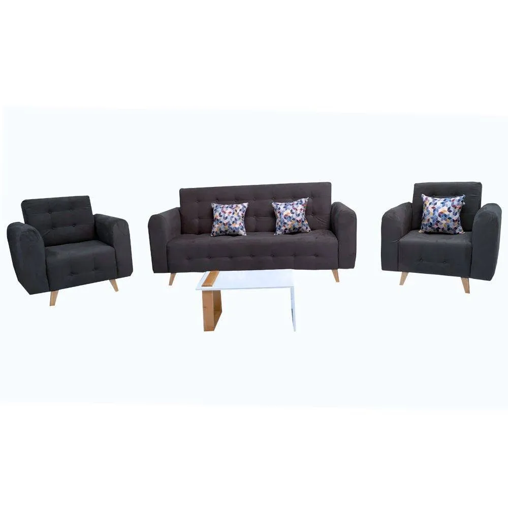 Combo Sofa Cama Da Vinci En Tela Gris Oscuro   3 Cojines Decorativos   2 Poltronas Da Vinci En Tela Gris Oscuro   Mesa Centro River