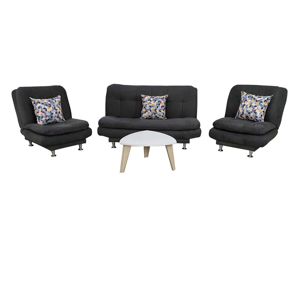 Combo Sofa Cama  Grecia Tela Gris   3 Cojines Decorativos   2 Poltronas Grecia  Mesa Centro
