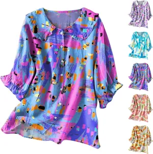 Cotton Linen Shirts for Women 2025 Ethnic Floral Printed Flowy Tops Boho 3/4 Puff Sleeve Button Lapel Gauze Tunics