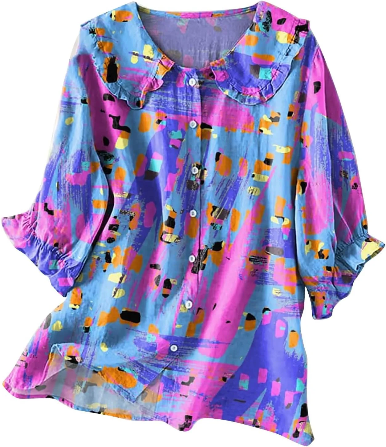 Cotton Linen Shirts for Women 2025 Ethnic Floral Printed Flowy Tops Boho 3/4 Puff Sleeve Button Lapel Gauze Tunics