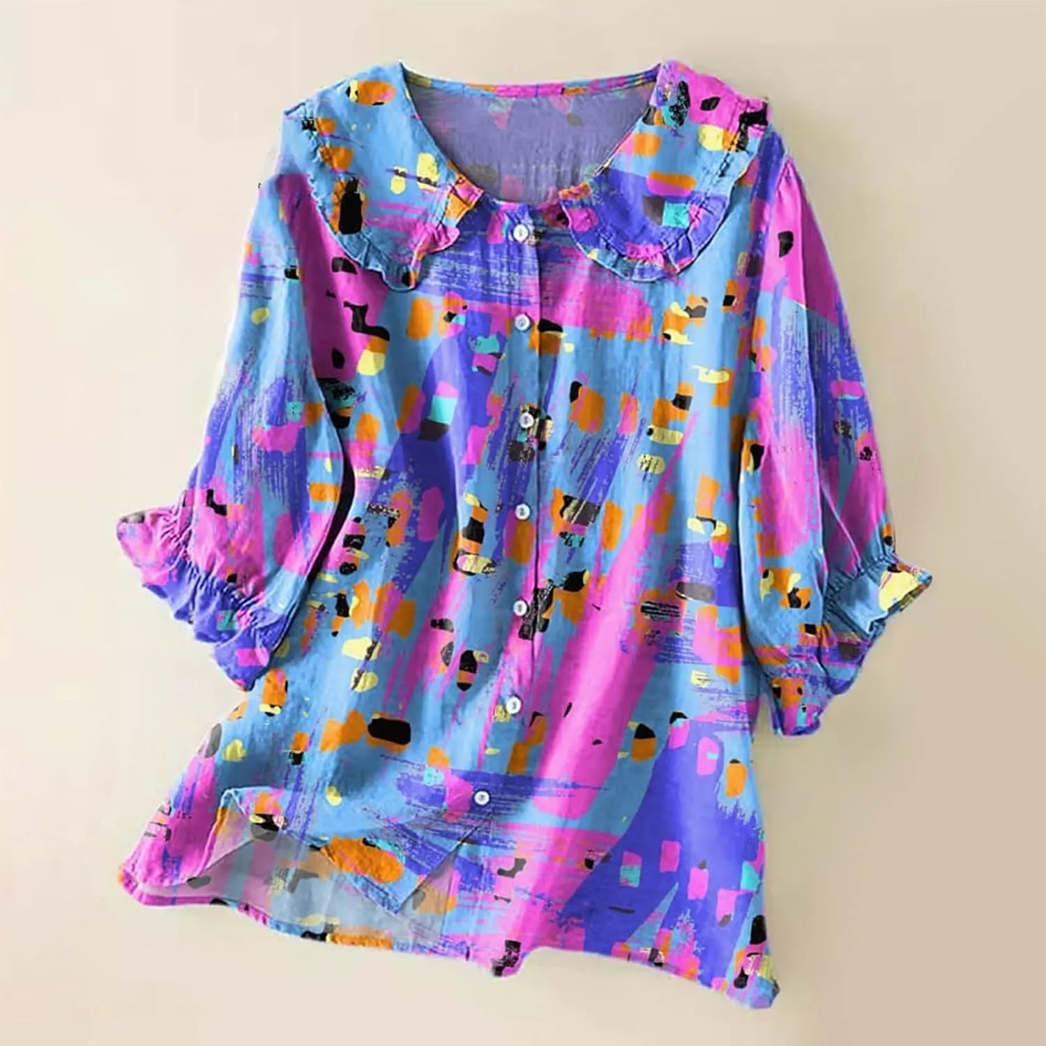 Cotton Linen Shirts for Women 2025 Ethnic Floral Printed Flowy Tops Boho 3/4 Puff Sleeve Button Lapel Gauze Tunics