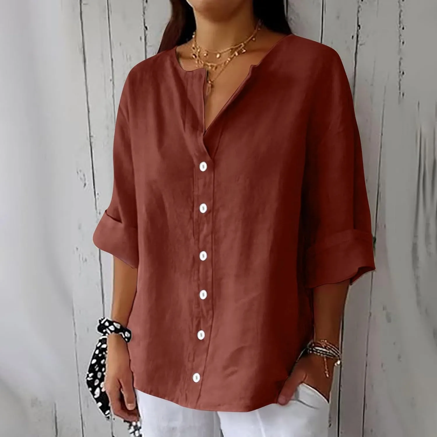 Cotton Linen Shirts for Women 2025 Trendy Summer Loose Fit Casual V Neck 3/4 Sleeve Peasant Blouses Beach Tunic Tops