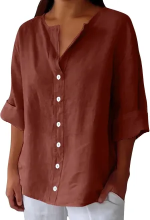 Cotton Linen Shirts for Women 2025 Trendy Summer Loose Fit Casual V Neck 3/4 Sleeve Peasant Blouses Beach Tunic Tops