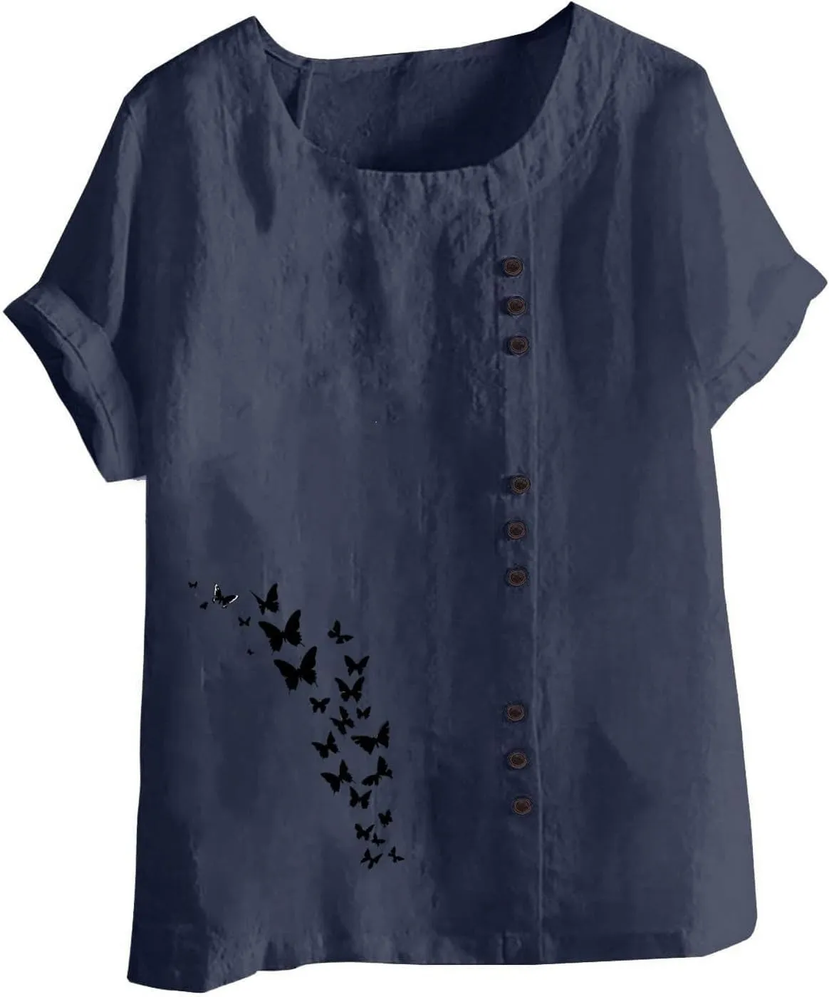 Cotton Linen Tops for Women 2025 Crewneck Roll Up Short Sleeve Tshirt Trendy Butterfly Print Casual Loose Fit Blouse
