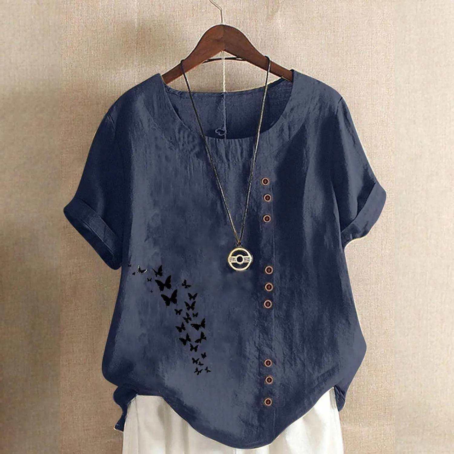 Cotton Linen Tops for Women 2025 Crewneck Roll Up Short Sleeve Tshirt Trendy Butterfly Print Casual Loose Fit Blouse