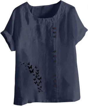 Cotton Linen Tops for Women 2025 Crewneck Roll Up Short Sleeve Tshirt Trendy Butterfly Print Casual Loose Fit Blouse