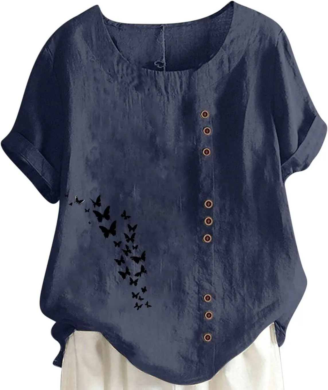 Cotton Linen Tops for Women 2025 Crewneck Roll Up Short Sleeve Tshirt Trendy Butterfly Print Casual Loose Fit Blouse