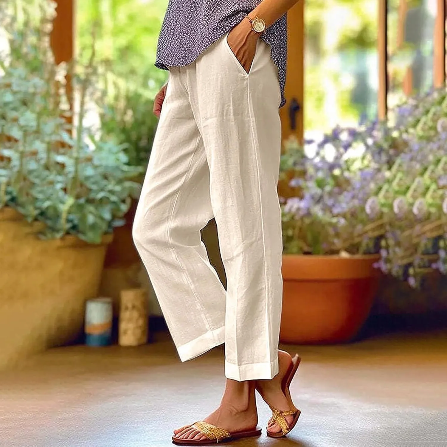 Cropped Linen Pants Women Summer Elastic Waist Straight Leg Slit Plus Size Pant Casual Trousers with Pockets
