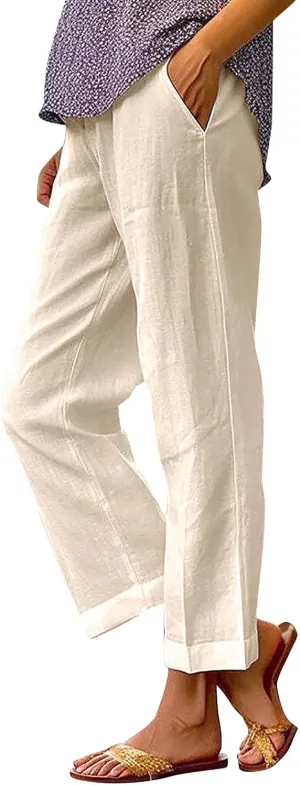 Cropped Linen Pants Women Summer Elastic Waist Straight Leg Slit Plus Size Pant Casual Trousers with Pockets