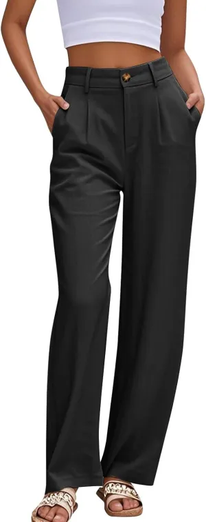 fanmpghleoo Dress Pants Women High Waisted Straight Wide Leg Linen Pants Summer Business Casual Linen Trousers with Pockets