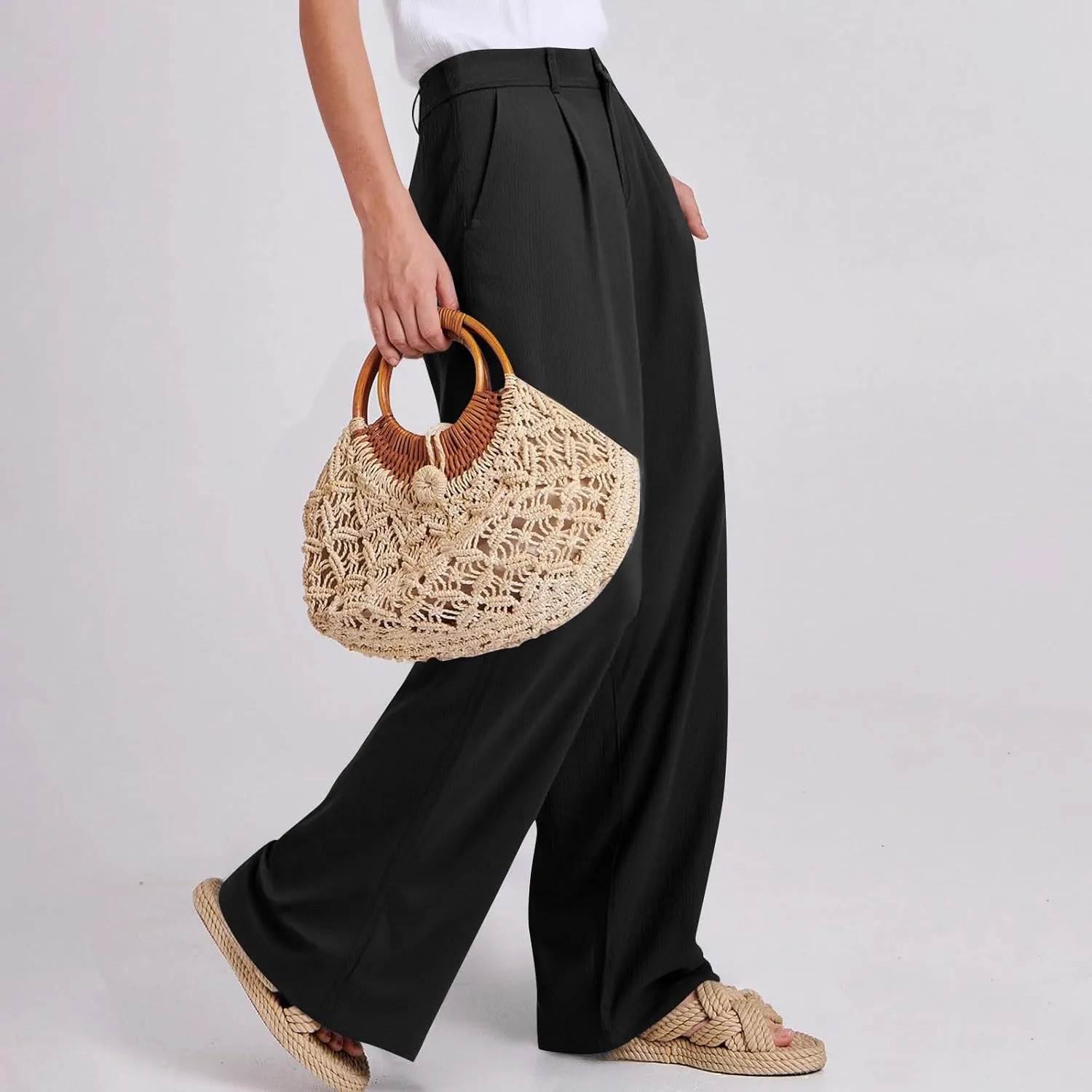 fanmpghleoo Dress Pants Women High Waisted Straight Wide Leg Linen Pants Summer Business Casual Linen Trousers with Pockets