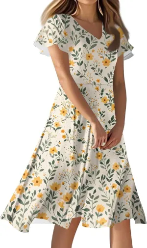 Floral Wedding Guest Dresses for Women Elegant Flutter Sleeve Empire Waist Short Dresses Boho Church Outfits