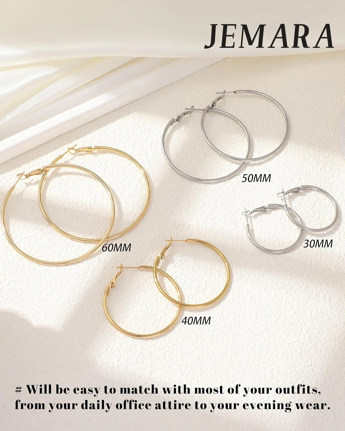 Gold Hoop Earrings for Women Hypoallergenic Stainless Steel Large Thin Gold Hoop Earrings Lightweight Big Hoops Aretes de Acero Inoxidable para Mujer 30/40/50/60MM