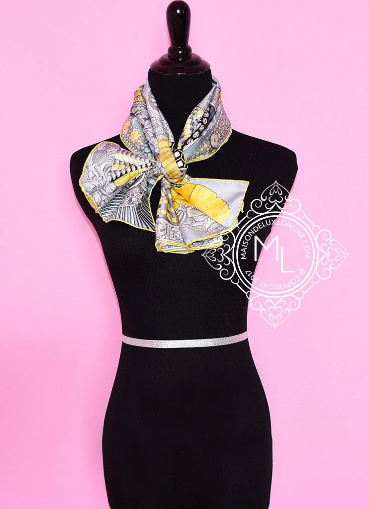 Hermes Yellow Grey Twill Silk 90 cm Parures De Samourais Scarf