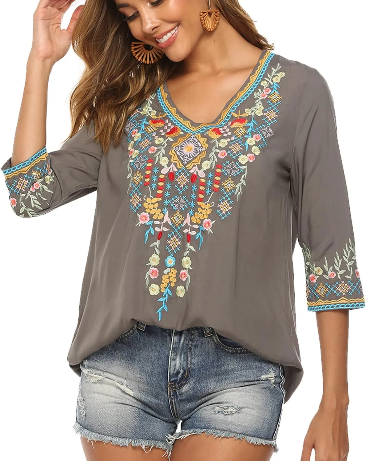 Higustar Mexican Tops for Women Embroidered Shirts Bohemian Hippie Clothes Tunic Fiesta Plus Size Boho Peasant Blouses