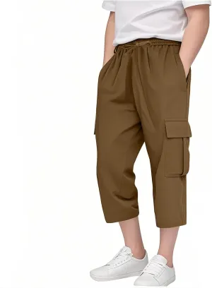 Kids 3/4 Cargo Pants for Boys Straight Wide Leg High Elastic Waist Trousers Solid Color Y2k Streetwear