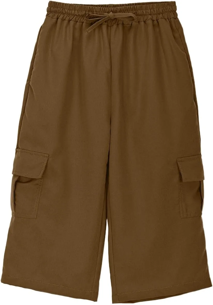 Kids 3/4 Cargo Pants for Boys Straight Wide Leg High Elastic Waist Trousers Solid Color Y2k Streetwear