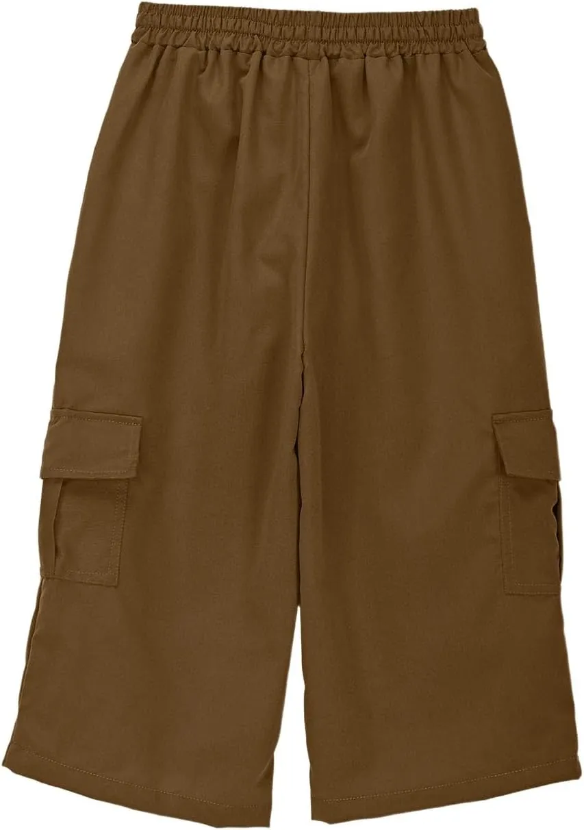 Kids 3/4 Cargo Pants for Boys Straight Wide Leg High Elastic Waist Trousers Solid Color Y2k Streetwear