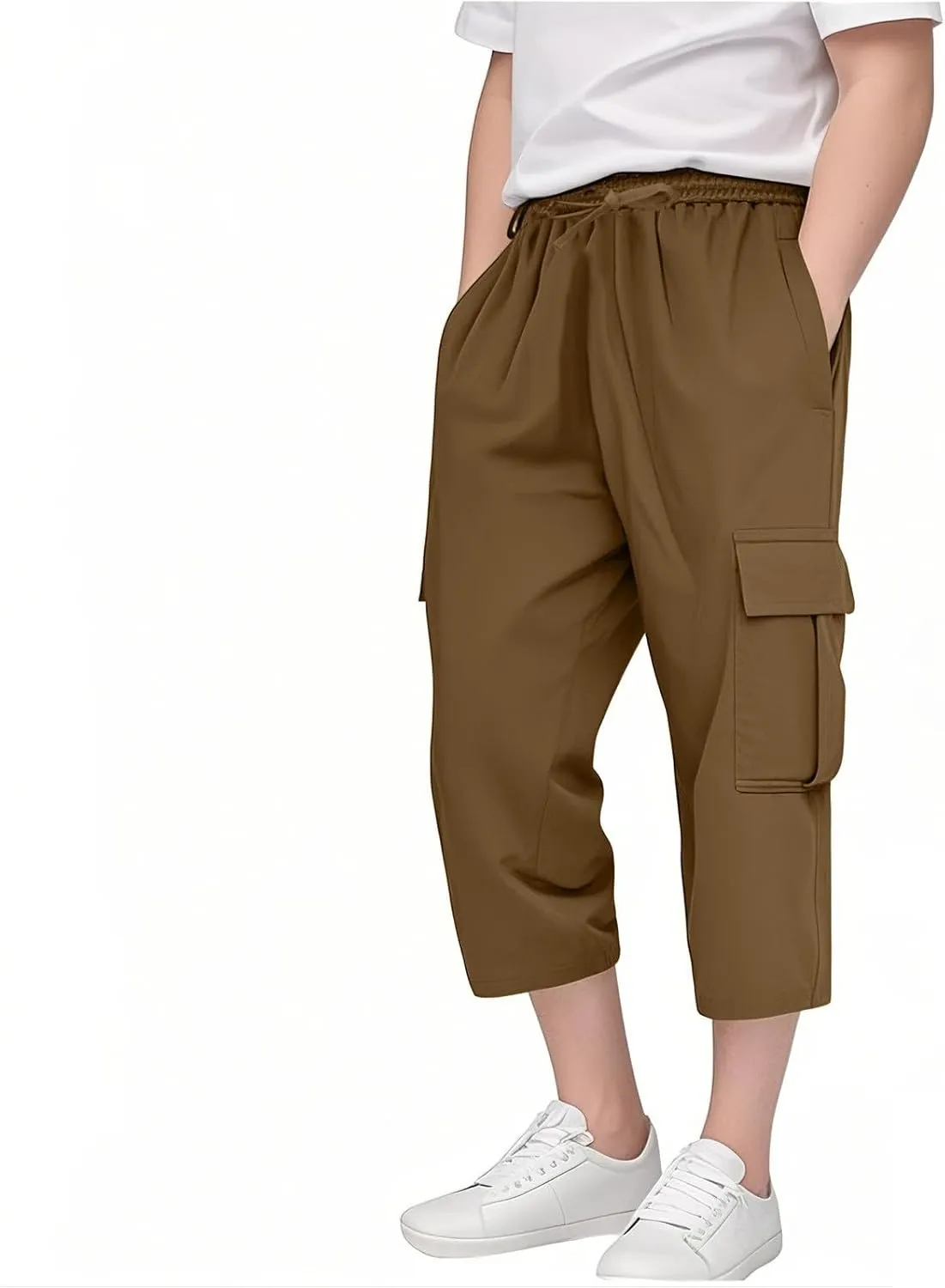 Kids 3/4 Cargo Pants for Boys Straight Wide Leg High Elastic Waist Trousers Solid Color Y2k Streetwear