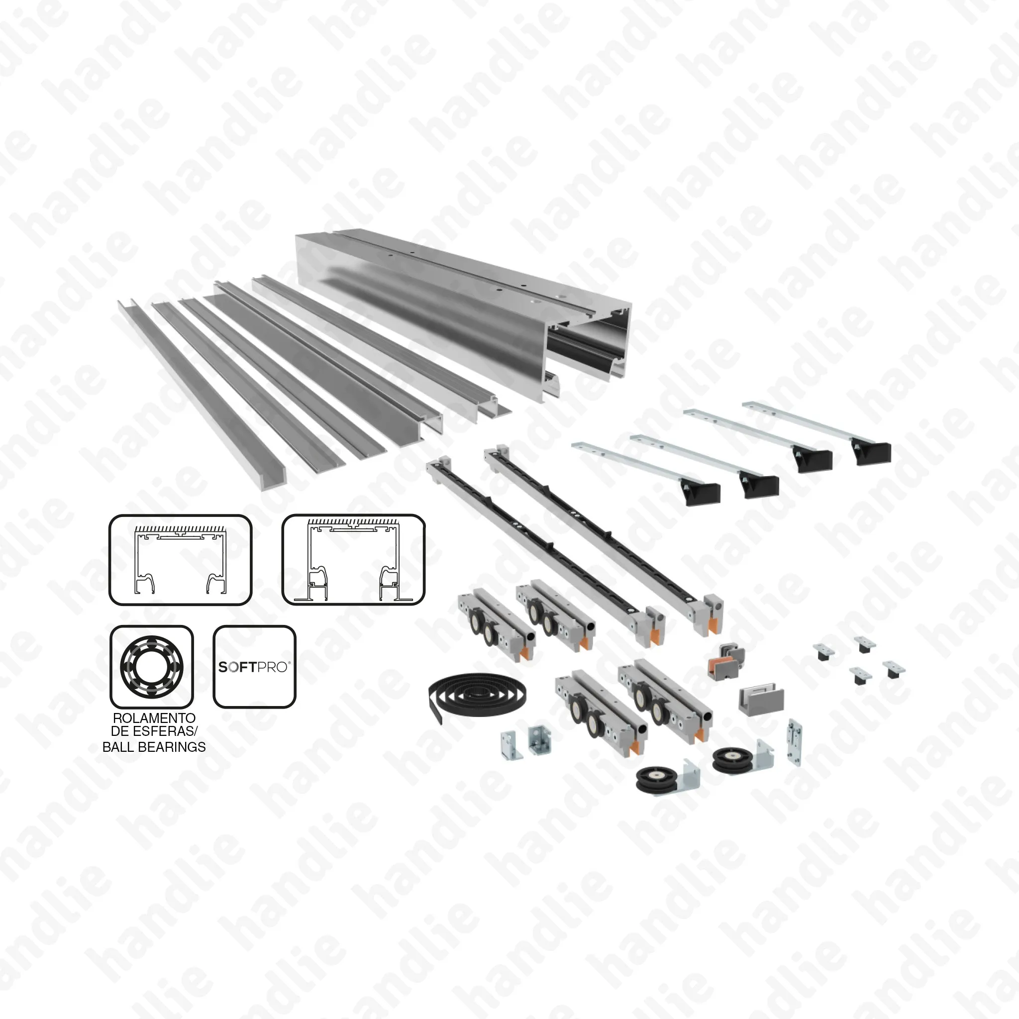 KIT SV-T-PRO X110 Multiplo Compact Glass - Kit completo para portas de correr passagem em vidro   SOFTPRO DUPLO p/ portas de 10mm até 110kg | SAHECO