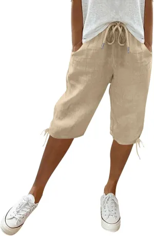 Linen Bermuda Shorts for Women Knee Length Elastic Waist Casual Shorts Loose Fit Comfy Linen Beach Pants with Pockets