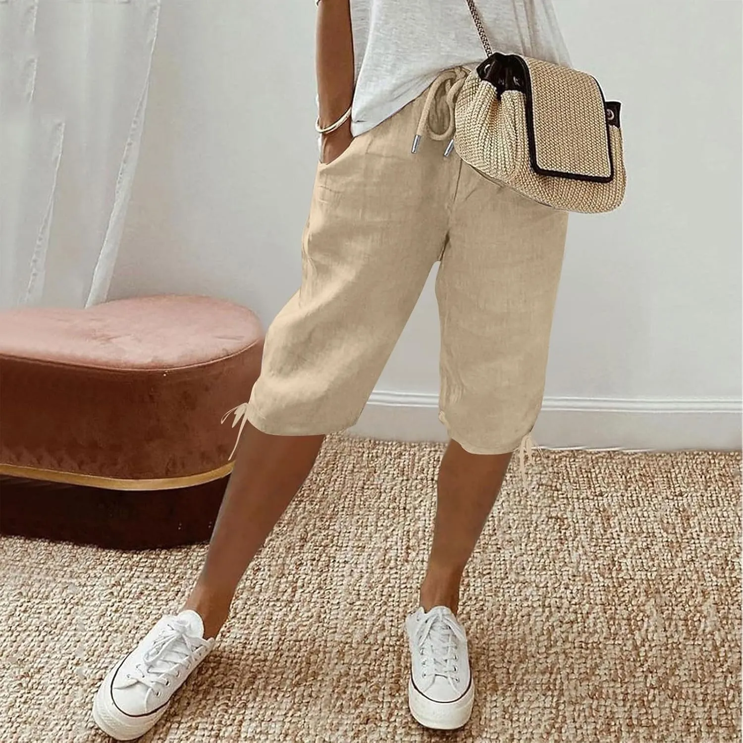 Linen Bermuda Shorts for Women Knee Length Elastic Waist Casual Shorts Loose Fit Comfy Linen Beach Pants with Pockets