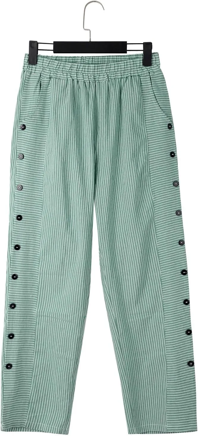 Linen Pants for Women 2025 Plus Size Trendy Striped Summer Gauze Pants Casual Elastic Waist Comfy Trousers