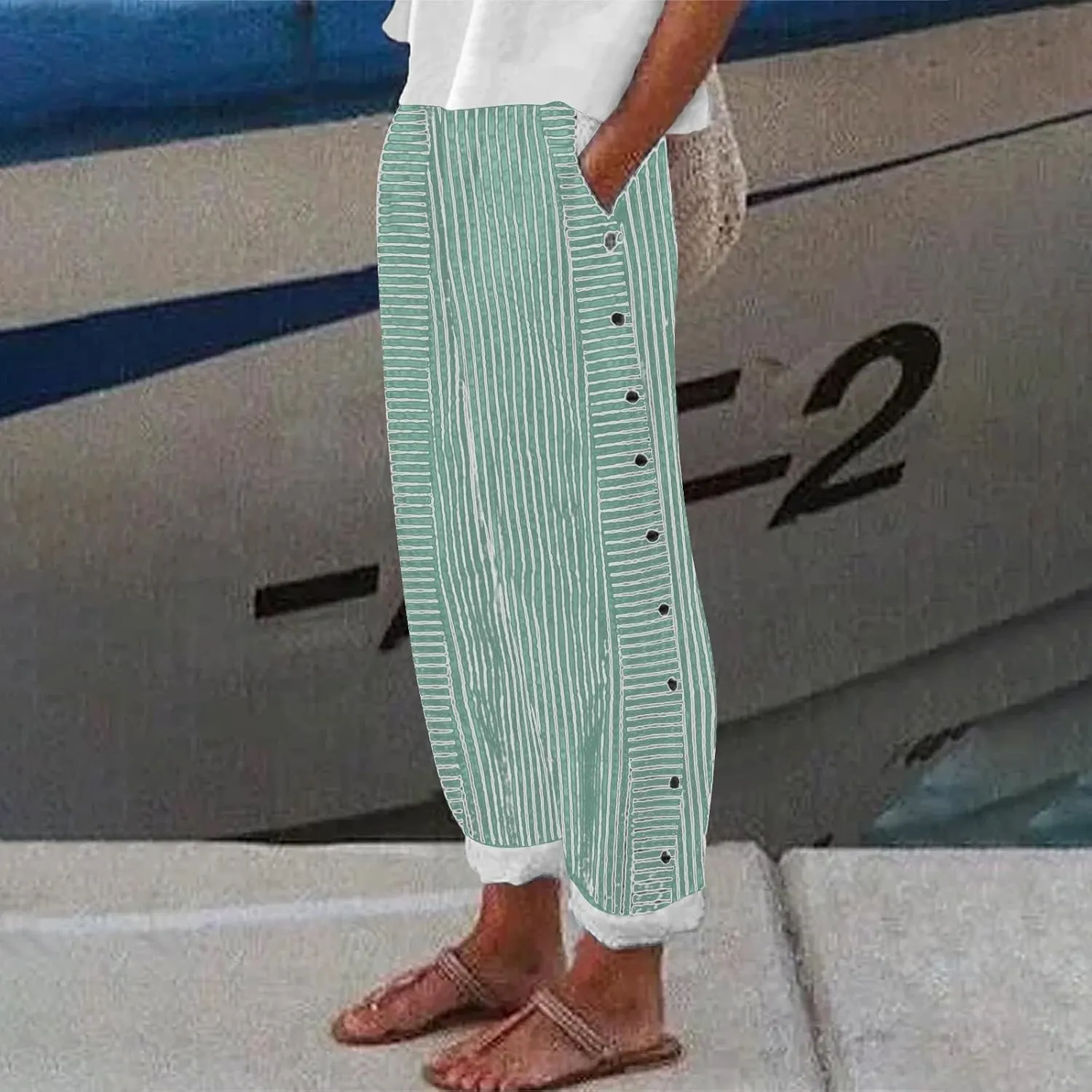 Linen Pants for Women 2025 Plus Size Trendy Striped Summer Gauze Pants Casual Elastic Waist Comfy Trousers