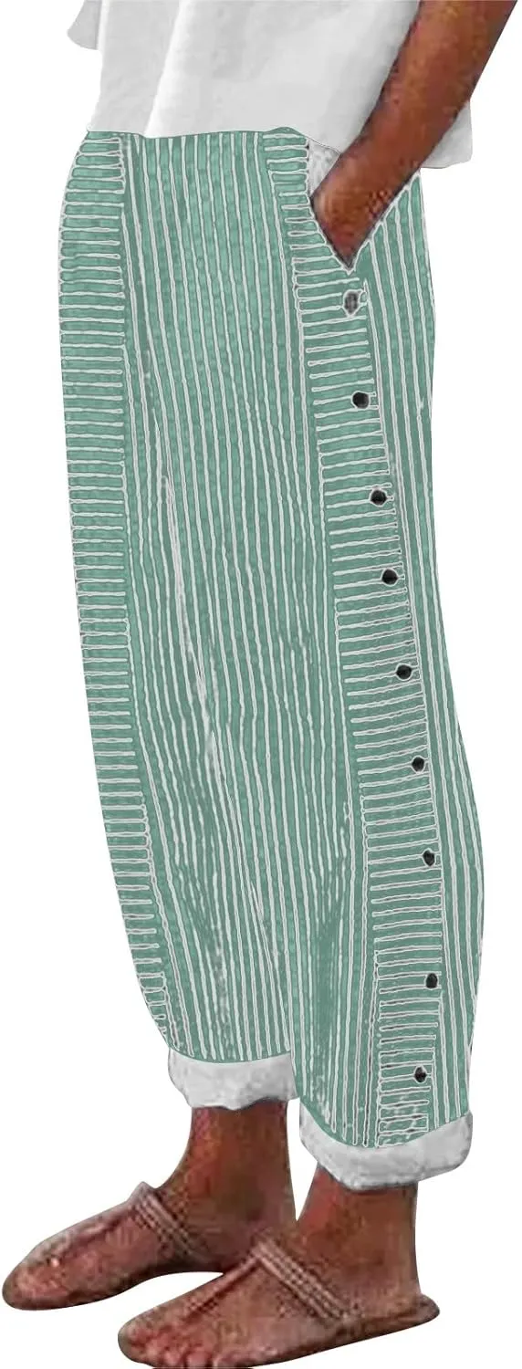 Linen Pants for Women 2025 Plus Size Trendy Striped Summer Gauze Pants Casual Elastic Waist Comfy Trousers