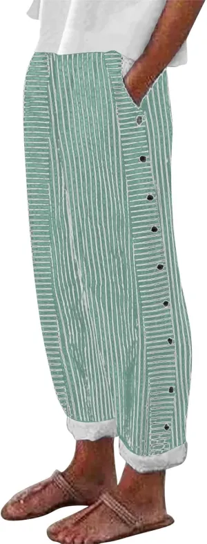 Linen Pants for Women 2025 Plus Size Trendy Striped Summer Gauze Pants Casual Elastic Waist Comfy Trousers