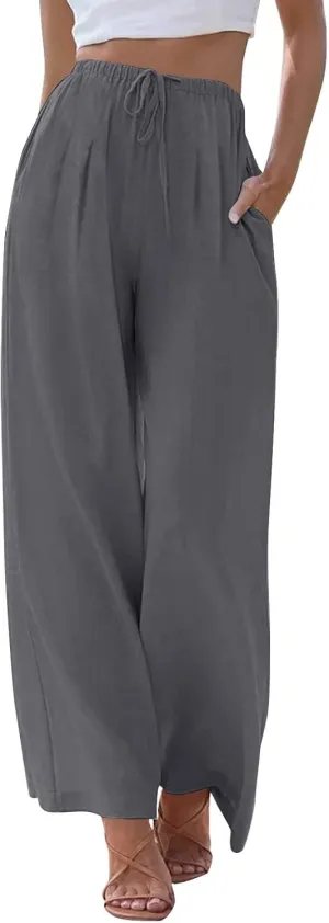 Linen Pants Women,Casual Pants Trendy Wide Leg High Waisted Cotton Linen Drawstring Summer Trouser with Pockets
