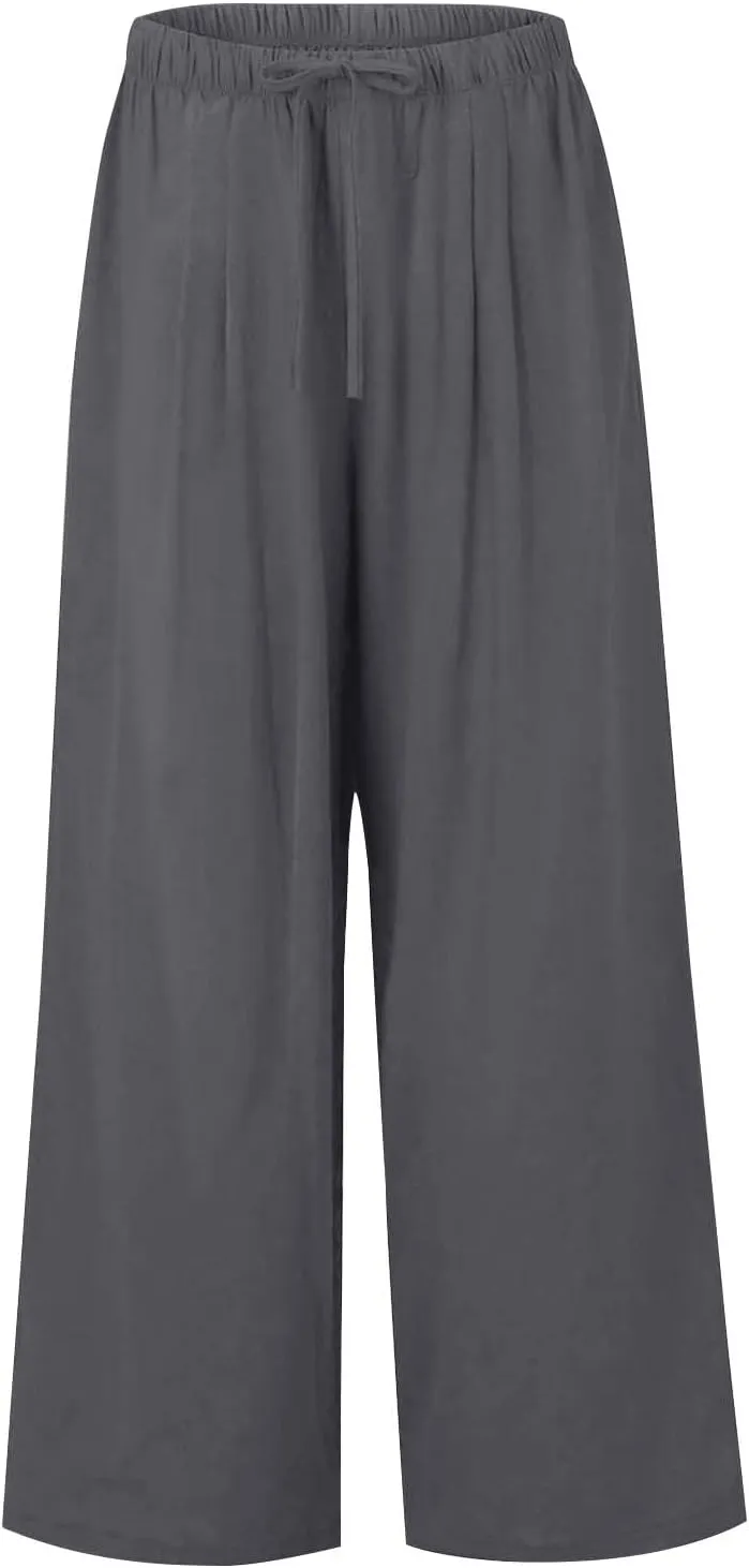 Linen Pants Women,Casual Pants Trendy Wide Leg High Waisted Cotton Linen Drawstring Summer Trouser with Pockets