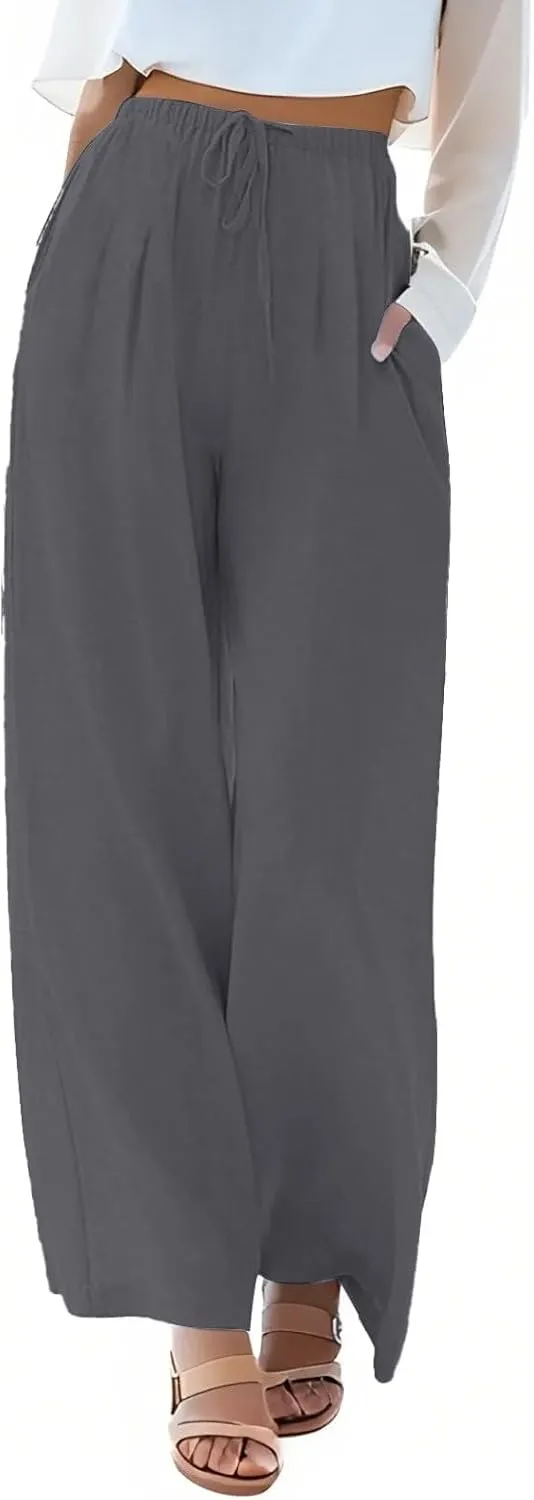 Linen Pants Women,Casual Pants Trendy Wide Leg High Waisted Cotton Linen Drawstring Summer Trouser with Pockets