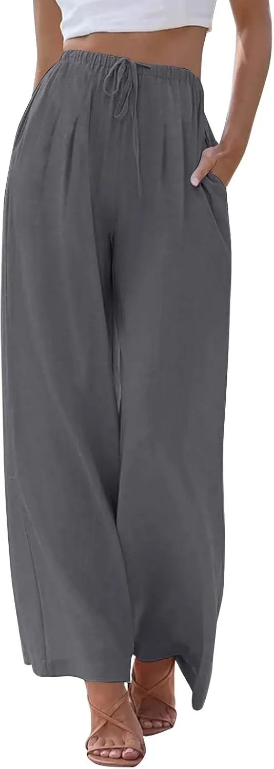Linen Pants Women,Casual Pants Trendy Wide Leg High Waisted Cotton Linen Drawstring Summer Trouser with Pockets