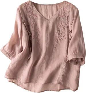 Linen Shirts for Women 2025 Trendy Summer Retro Embroidered 3/4 Sleeve Tops Dressy Casual Loose Boho Cute Blouses