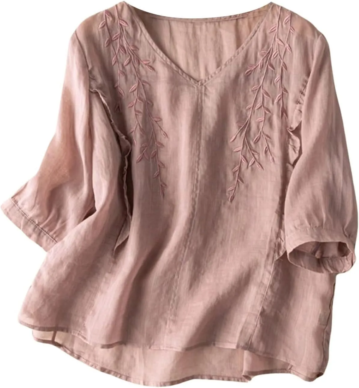 Linen Shirts for Women 2025 Trendy Summer Retro Embroidered 3/4 Sleeve Tops Dressy Casual Loose Boho Cute Blouses