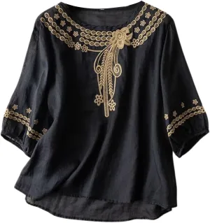 Linen Shirts for Women Summer Flowy Embroidered Cotton Peasant Top 2025 Elbow Sleeve Cute Boho Tunic Dressy Shirt