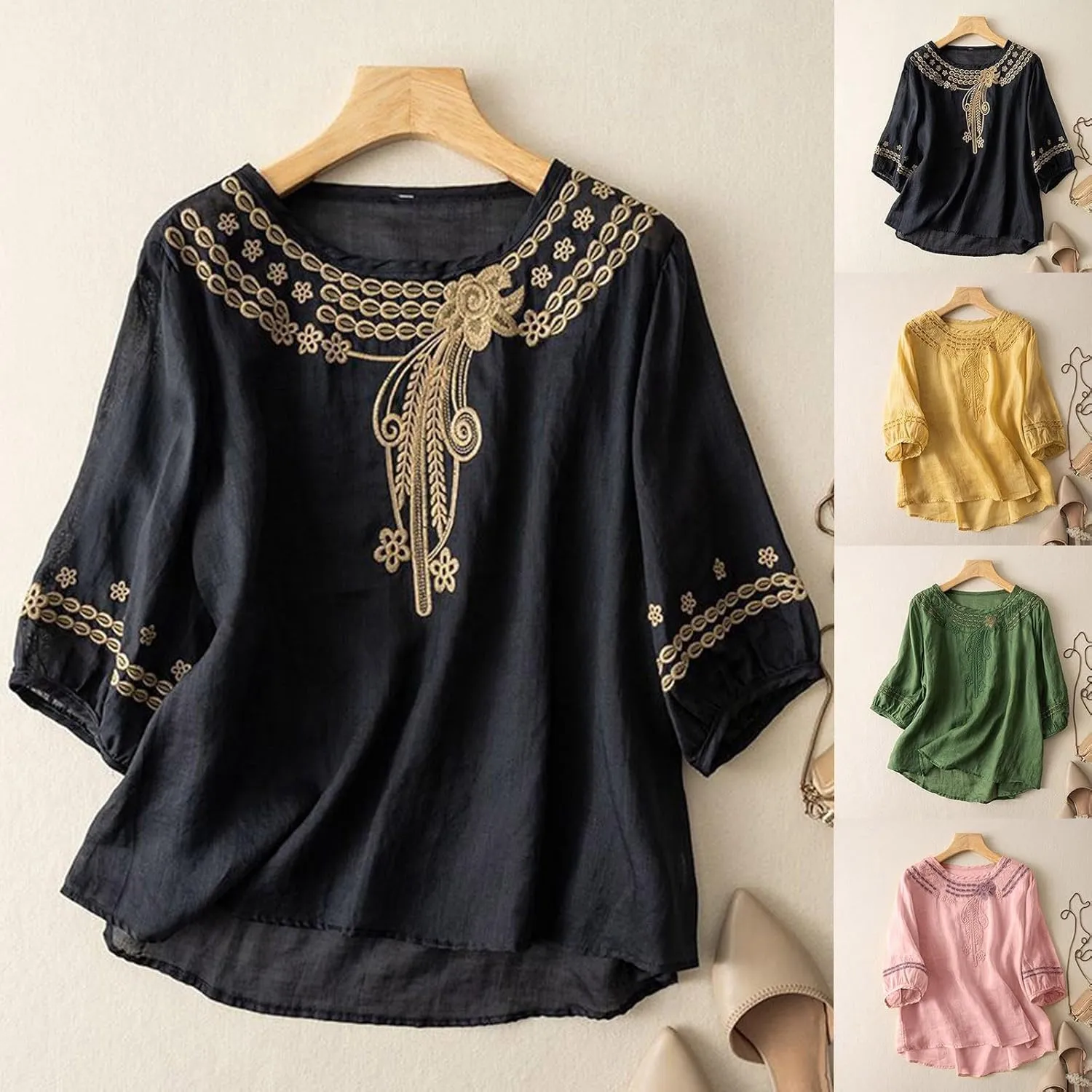 Linen Shirts for Women Summer Flowy Embroidered Cotton Peasant Top 2025 Elbow Sleeve Cute Boho Tunic Dressy Shirt