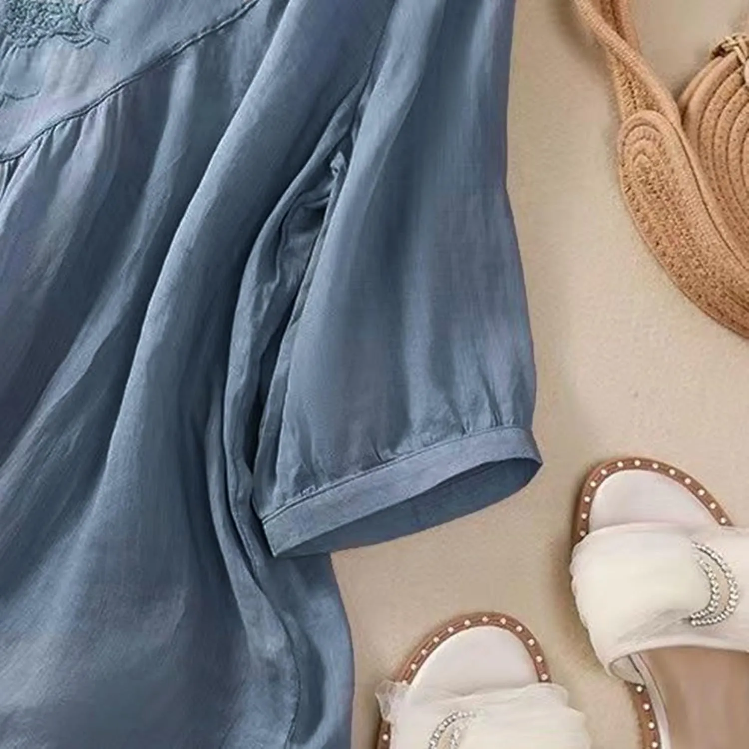 Linen Shirts for Women Summer Flowy Embroidered Cotton Peasant Tops 2025 Elbow Sleeve Cute Boho Tunic Dressy Tops