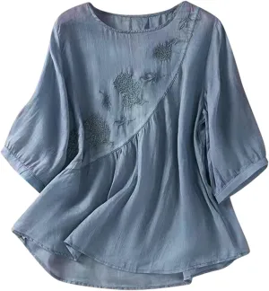 Linen Shirts for Women Summer Flowy Embroidered Cotton Peasant Tops 2025 Elbow Sleeve Cute Boho Tunic Dressy Tops